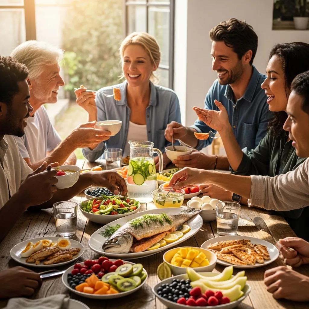Diverse group enjoying healthy foods rich in collagen, emphasizing wellness and beauty