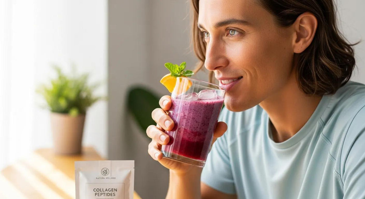Healthy individual enjoying a smoothie with collagen peptides, highlighting wellness benefits
