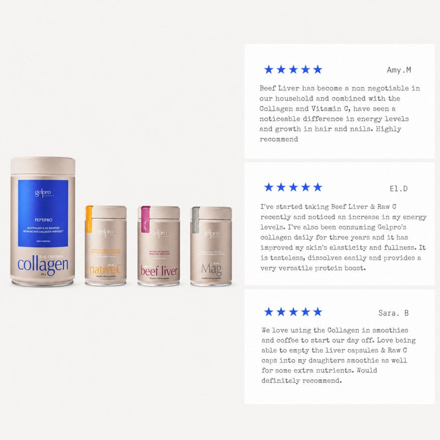 Founder's Stack | The Original Collagen Peptipro + Raw Native C caps + Beef Liver caps + Raw Magnesium caps - Gelpro Australia